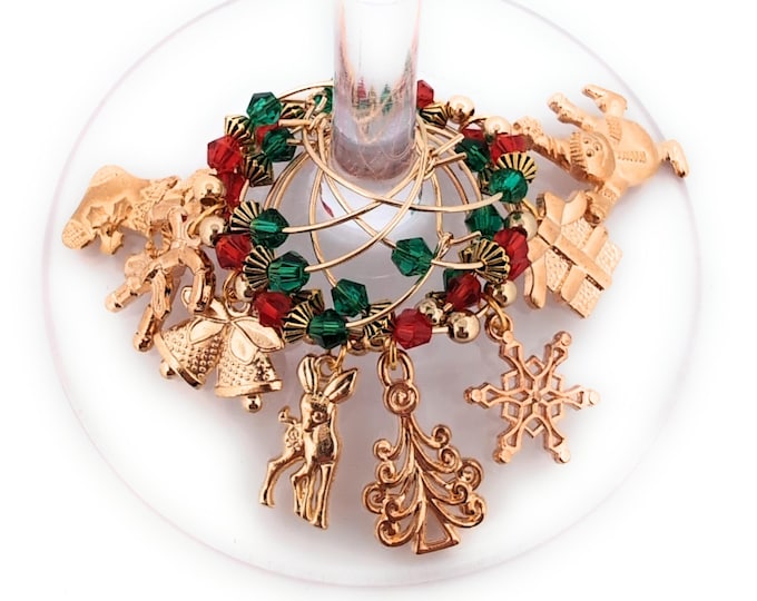 Christmas Wine Charms - Gold Christmas - 8 pack - Party Favor Packaging Option Available