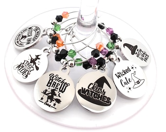 Halloween Witch Wine Charms - Stainless Steel - 6 pack - Party Favor Packaging Available