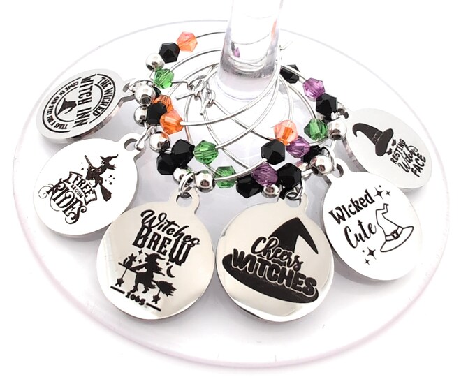Halloween Witch Wine Charms - Stainless Steel - 6 pack - Party Favor Packaging Available