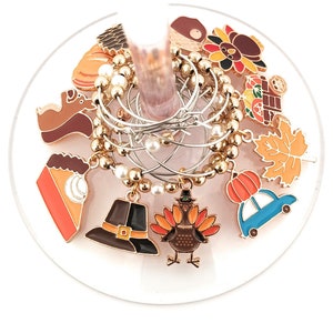 May include: Set of six gold-tone metal wine glass charms featuring Thanksgiving-themed designs. The charms include a turkey, a pumpkin, a squirrel, a pie, a maple leaf, and a car.
