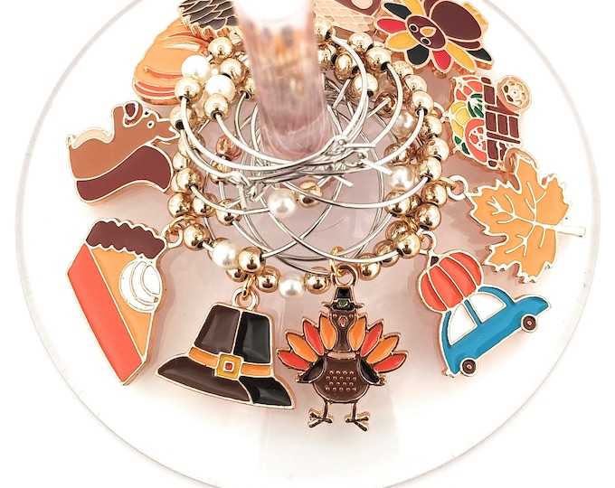 Thanksgiving Wine Charms - Turkeys, Leaves, and Pumkins - Pack Of 12 - Party Favor Packaging Option Available