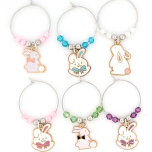 Easter Bunny Wine Charms – Gifts – Glass Markers Set of 6 – Spring Party Favors, Easter Table Decor image 2