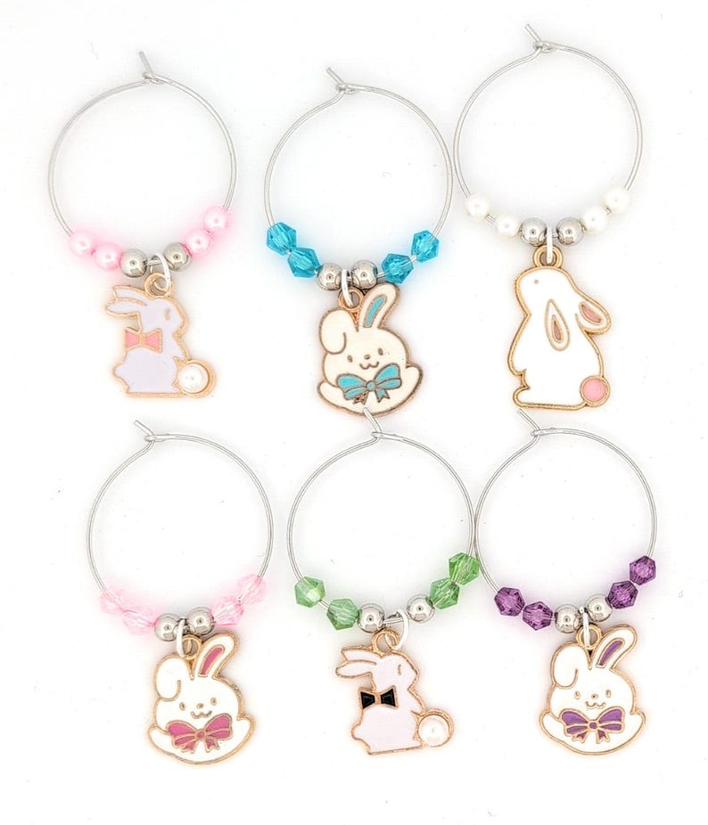 Easter Bunny Wine Charms – Gifts – Glass Markers Set of 6 – Spring Party Favors, Easter Table Decor image 2