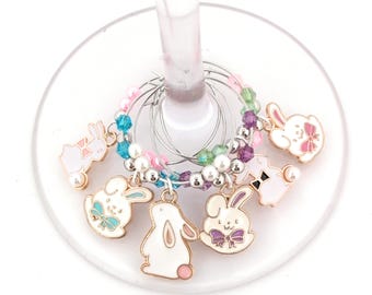 Easter Bunny Wine Charms – Gifts – Glass Markers Set of 6 – Spring Party Favors, Easter Table Decor