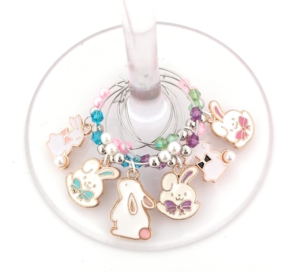 Easter Bunny Wine Charms – Gifts – Glass Markers Set of 6 – Spring Party Favors, Easter Table Decor