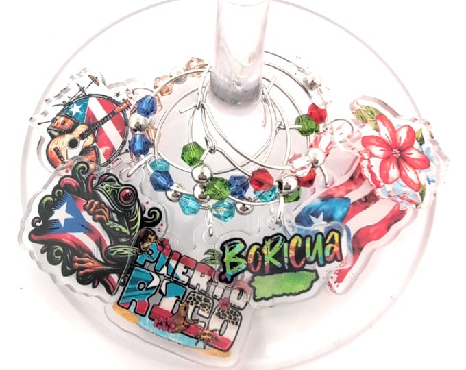 Puerto Rico Wine Glass Charms – Themed Drink Markers – Puerto Rican Flag, Coquí, Boricua, and More – Puerto Rican Gift - 6 Pack Wine Charms