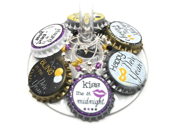 New Years Eve Wine Charms, Kiss Me at Midnight - 8 Pack - Party Favor Packaging Option Available