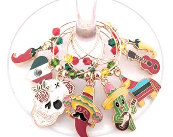 Cinco De Mayo Wine Charms - Mexican Fiesta Wine Charms, Enamel 8 pack - Party Favor Packaging Available