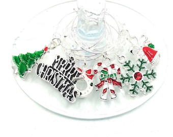 Christmas Wine Charms, Holiday Glass Identifier Tags, Christmas Gift Wine Charms, Glass Markers, 6 pack