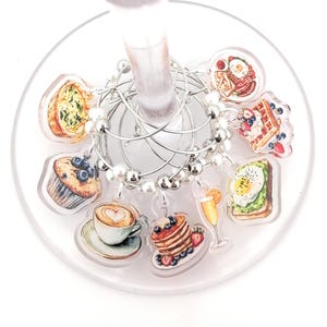 Brunch Wine Charms – Brunch and Bubbles Party Breakfast Set of 8 | Clear Acrylic Wine Glass Charms | Brunch Party Favors and Gifts