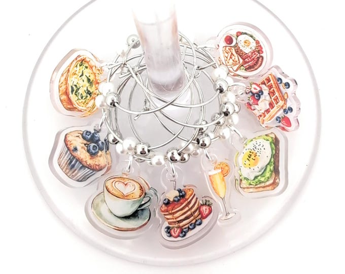 Brunch Club Wine Charms – Breakfast Set of 8 | Clear Acrylic Wine Glass Charms | Brunch Party Favors and Gifts
