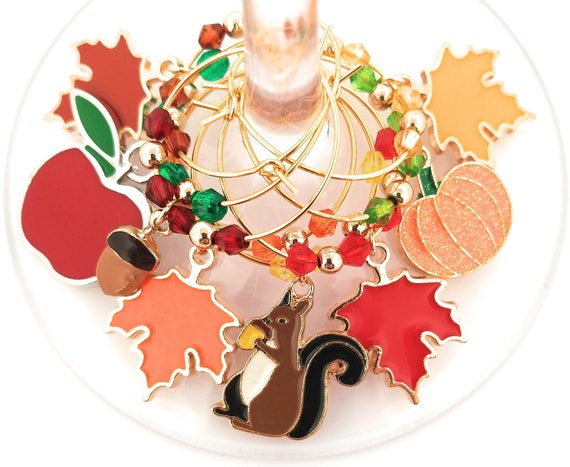 Thanksgiving Wine Charms Autumn Leaves - Squirrel - Pack Of 8 - Party Favor Packaging Option Available