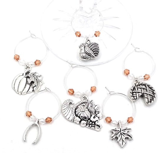 Thanksgiving Wine Charms - Silvertone 6/pack - Party Favor Packaging Option Available