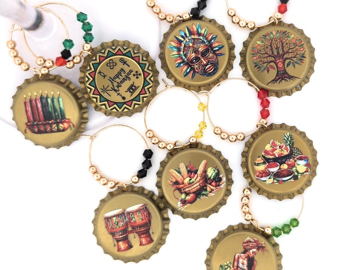 Kwanzaa Wine Charms Gift - Kwanzaa Party Supplies - Bottle Cap 8 pack