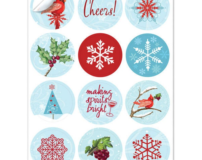 Holiday Winter Cardinal Wine Glass Decals -1 Inch Round Reusable - Glass Not included, 12 Per Pack