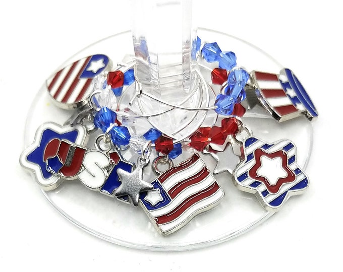 Fourth Of July Wine Charms - Independence Day/July 4th - Stars and Stripes Silver - Pack of 6