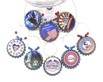 Fourth Of July Bottle Cap Wine Charms  8/pack