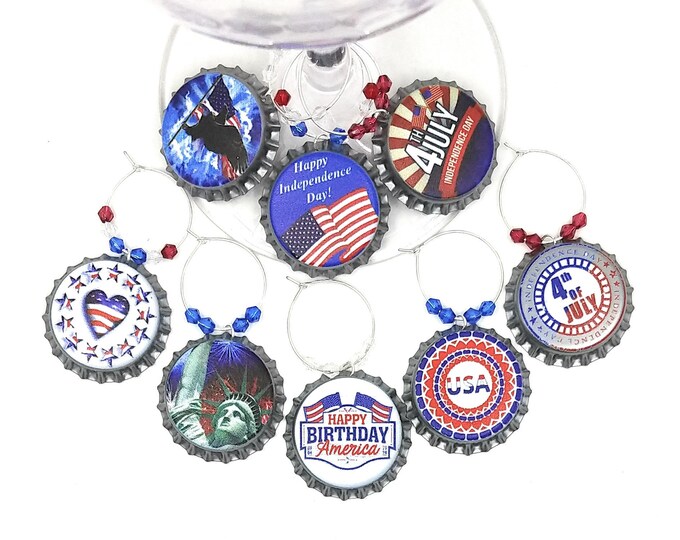 Fourth Of July Bottle Cap Wine Charms  8/pack