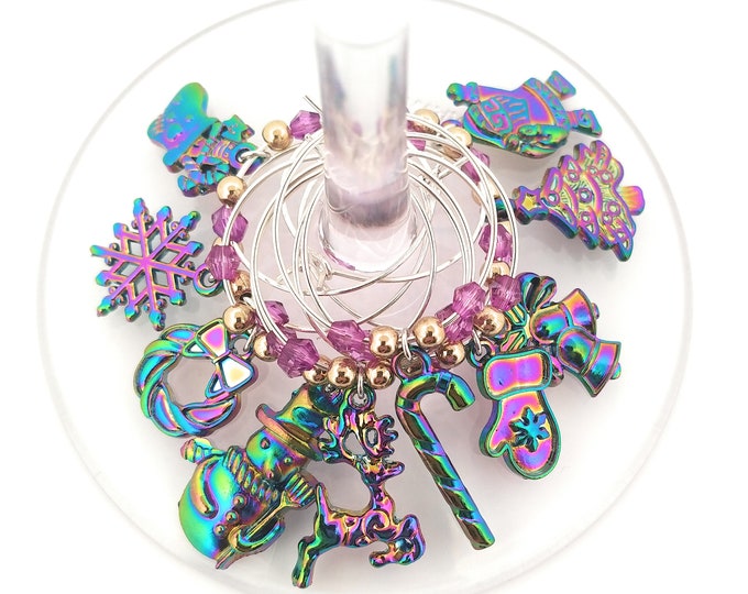 Christmas Wine Charms - Purple and Blue Christmas - 10 pack - Party Favor Packaging Option Available