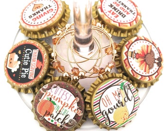 Thanksgiving Wine Charms, Thanksgiving Glass Identifier Tags, Glass Marker, Party Supplies, Party Favor Packaging Option Available - 12 pack