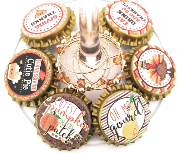 Thanksgiving Bottle Cap Wine Charms - Oh My Gourd! - 12 charms/set - Party Favor Packaging Option Available