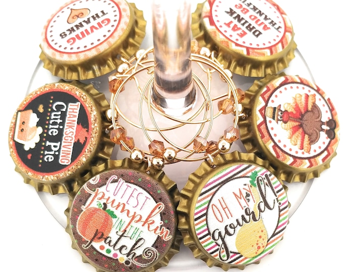 Thanksgiving Bottle Cap Wine Charms - Oh My Gourd! - 12 charms/set - Party Favor Packaging Option Available