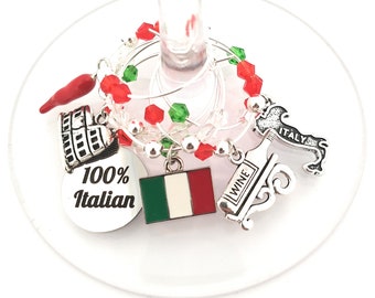 Italy Wine Charms, Italian Wine Charms, Italian Glass Tag Identifiers, Italian Gift, Glass Markers, Italian Flag Wine Charms,