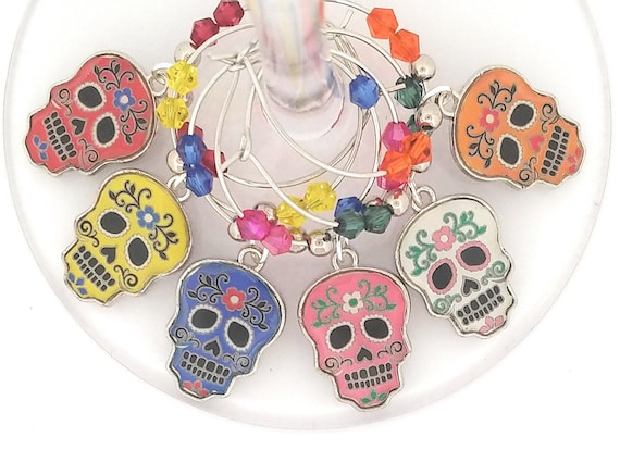 Cinco De Mayo Wine Charms - Day Of The Dead Sugar Skulls Set, 6 pack - Party Favor Packaging Available