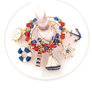 Nautical Wine Charms, Nautical Gifts, Nautical Party Supplies, Independence Day, Memorial Day, and  4th Of July Glass Tag Identifiers, 6/set