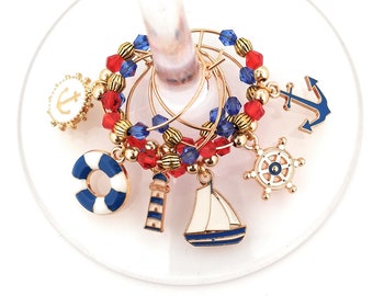 Nautical Wine Charms - Red and Blue - Memorial Day/Independence Day - 6 per set