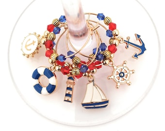 Nautical Wine Charms - Red and Blue - Memorial Day/Independence Day - 6 per set