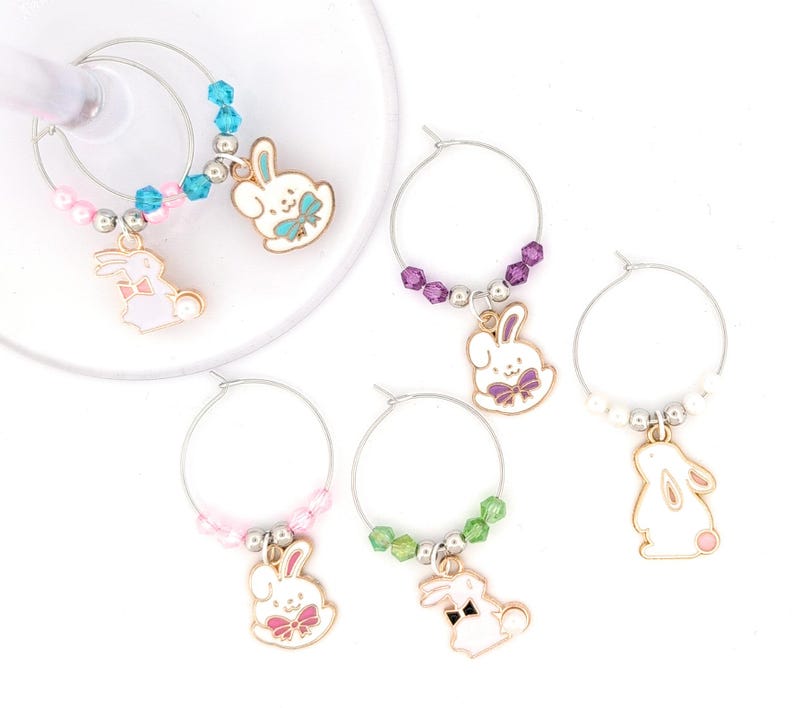 Easter Bunny Wine Charms – Gifts – Glass Markers Set of 6 – Spring Party Favors, Easter Table Decor image 4