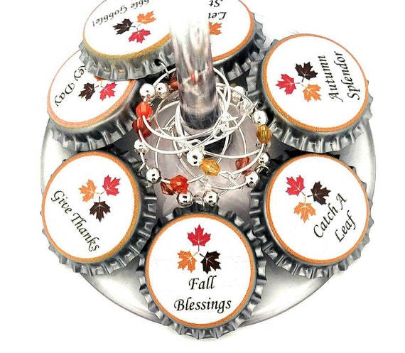 Thanksgiving Bottle Cap Wine Charms - 8 charms/set - Party Favor Packaging Option Available