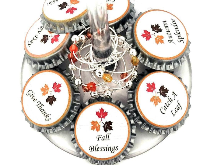 Thanksgiving Bottle Cap Wine Charms - 8 charms/set - Party Favor Packaging Option Available