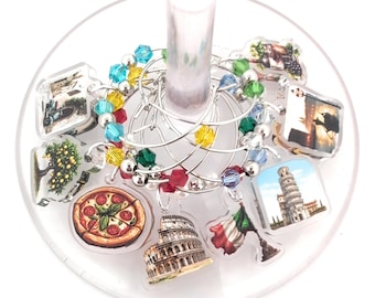 Italy Wine Charms – Italian Gift, Wine Glass Charms, Party Favors, Hostess Present, Pisa Tower, Colosseum Designs  – Set of 8