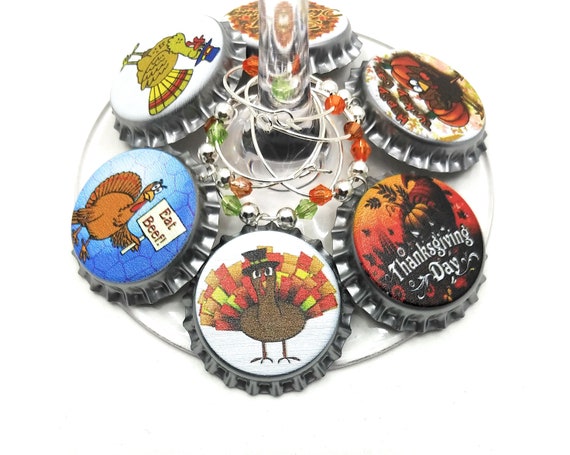 Thanksgiving Bottle Cap Wine Charms - 6/Pack - Party Favor Packaging Option Available