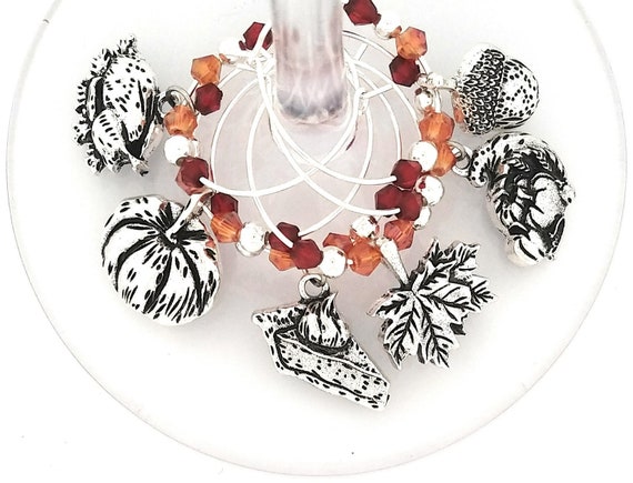 Thanksgiving Wine Charms - Pumkin Pie With Whip Cream- Harvest Beading - Silvertone 6/pack - Party Favor Packaging Option Available