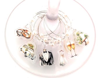 Wedding Wine Charms, Watercolor Wedding Designs on Acrylic Charms – Glass Identifiers Tags – Tuxedo, Wedding Dress, Cake and More – 6 Pack