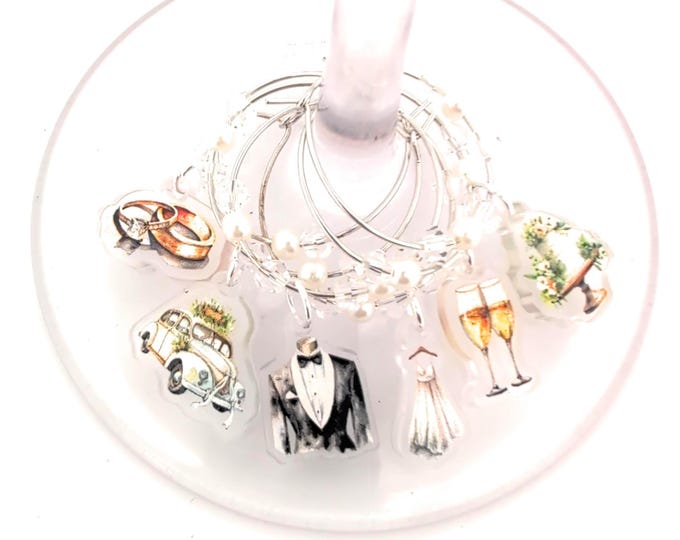 Wedding Wine Charms, Watercolor Wedding Designs on Acrylic Charms – Glass Identifiers Tags – Tuxedo, Wedding Dress, Cake and More – 6 Pack