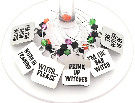 Halloween Witch Wine Charms - Stainless Steel - 6 pack - Party Favor Packaging Available