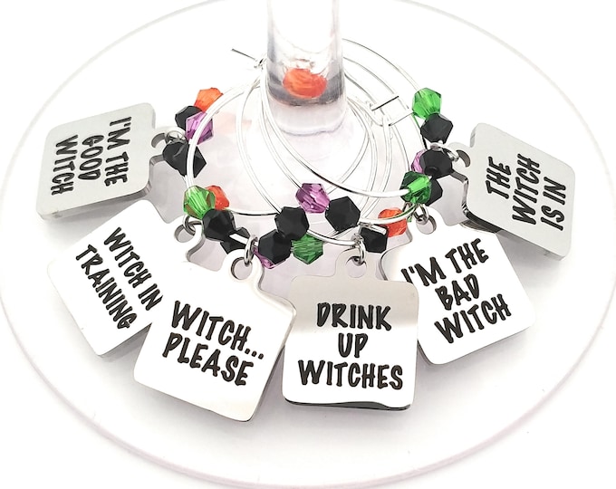 Halloween Witch Wine Charms - Stainless Steel - 6 pack - Party Favor Packaging Available