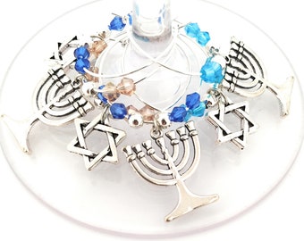 Hanukkah Menorah and Star Of David Wine Charms Gift - 6 pack