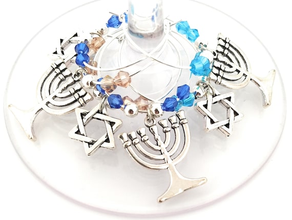 Hanukkah Menorah and Star Of David Wine Charms Gift - 6 pack