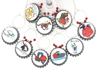 Kentucky Derby Bottle Cap Wine Charms, Glass Tags, 9 pack - Glass Not included