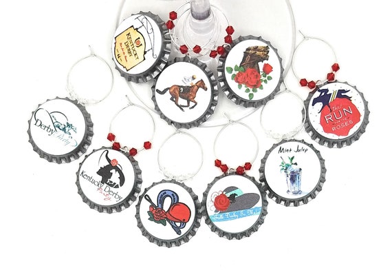 Kentucky Derby Bottle Cap Wine Charms, Glass Tags, 9 pack - Glass Not included