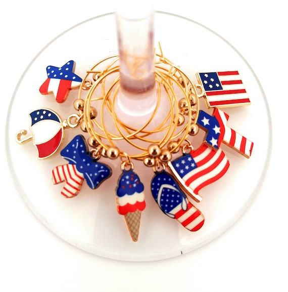 Independence Day/July 4th - Fourth Of July Wine Charms - Flip Flops and Flags - Pack of 8