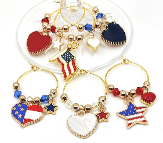 Fourth Of July Wine Charms - Independence Day/July 4th - Gold Tone - Pack of 6