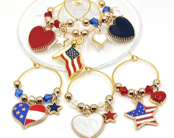 Fourth Of July Wine Charms - Independence Day/July 4th - Gold Tone - Pack of 6