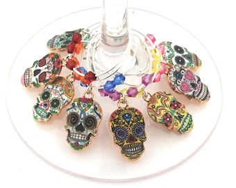 Cinco De Mayo Wine Charms - Day Of The Dead Sugar Skulls Set, 8 pack - Party Favor Packaging Available