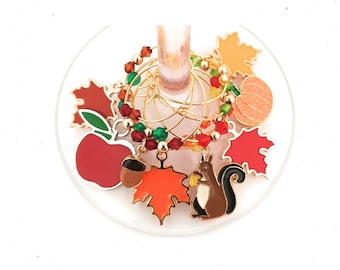 Thanksgiving Wine Charms Autumn Leaves - Squirrel - Pack Of 8 - Party Favor Packaging Option Available